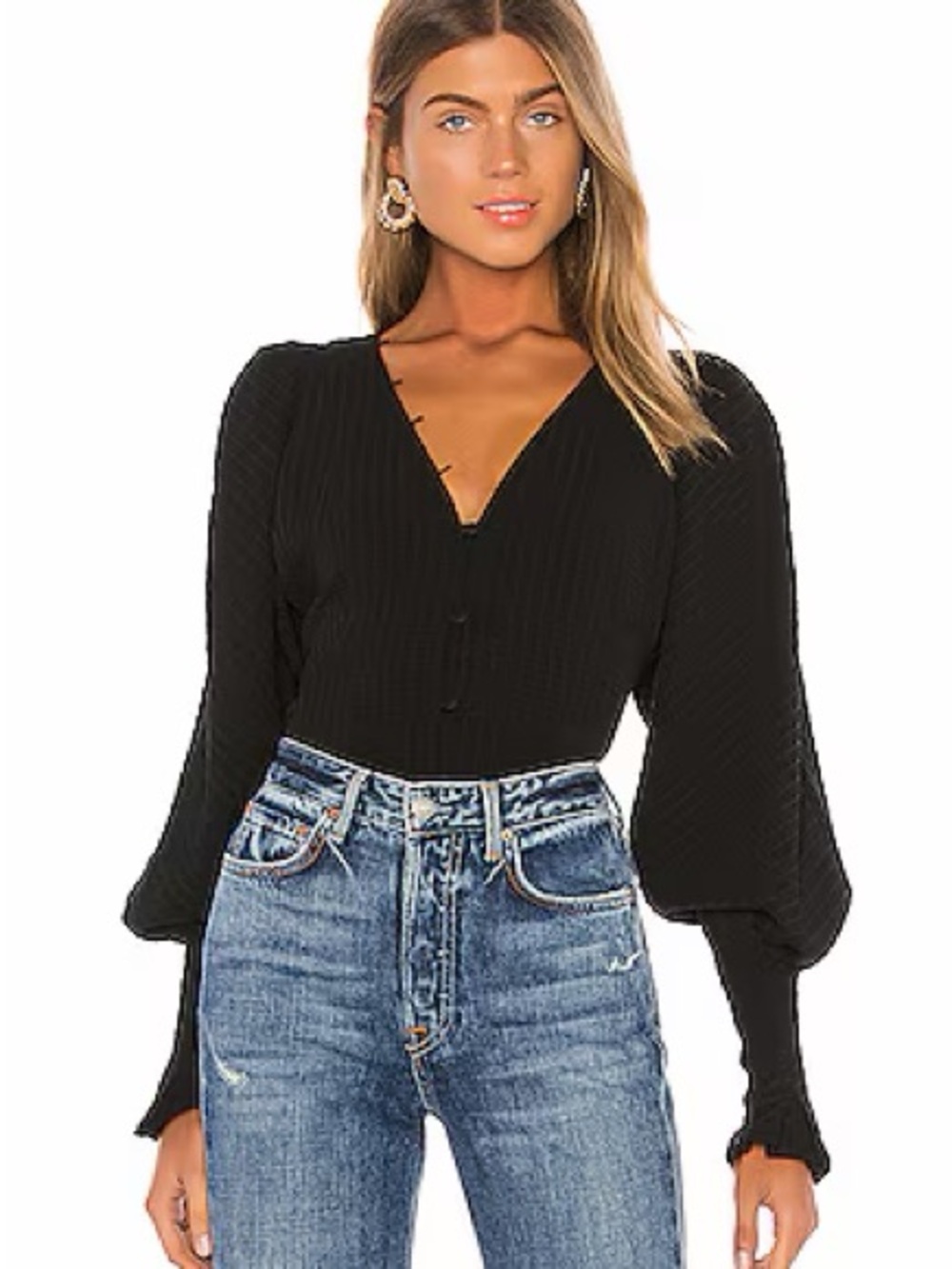 Tularosa Black Ribbed V-Neck Button-Down Top with Balloon Sleeves
